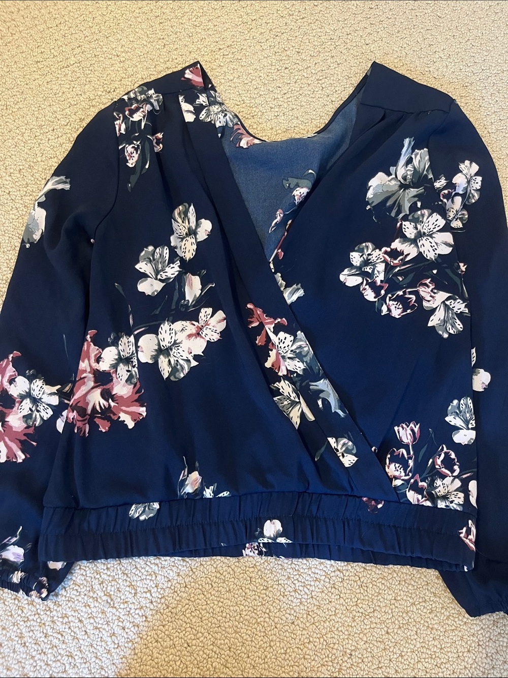 Dynamite Navy Floral Wrap Top Long Sleeve Medium